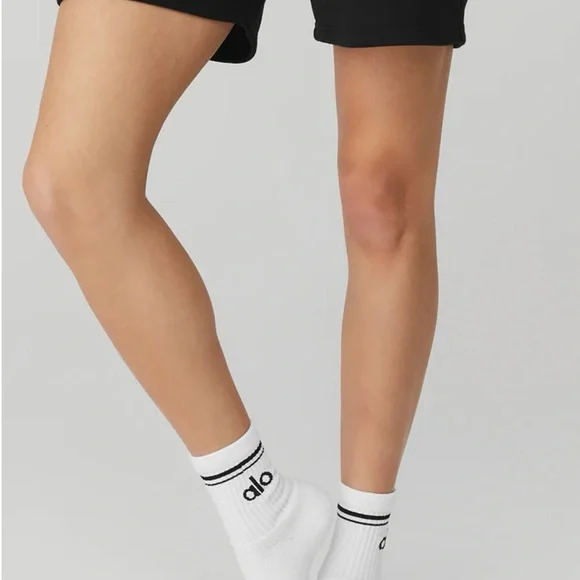 ALO Yoga White Crew Athletic Socks with Black Logo - Picture 2 of 4
